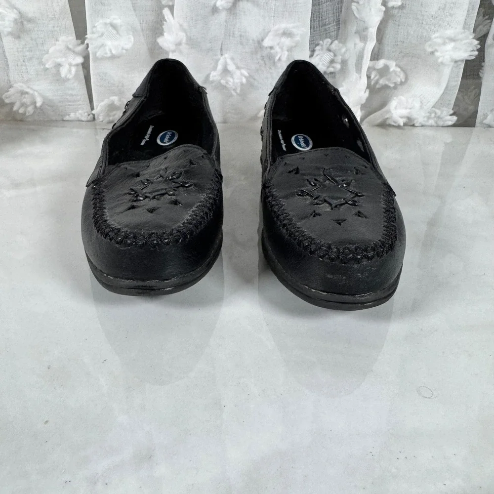 Dr Scholl's Vintage Black Leather Comfort Flats Moc Toe Slip On Grannycore 6.5 M - Picture 2 of 12